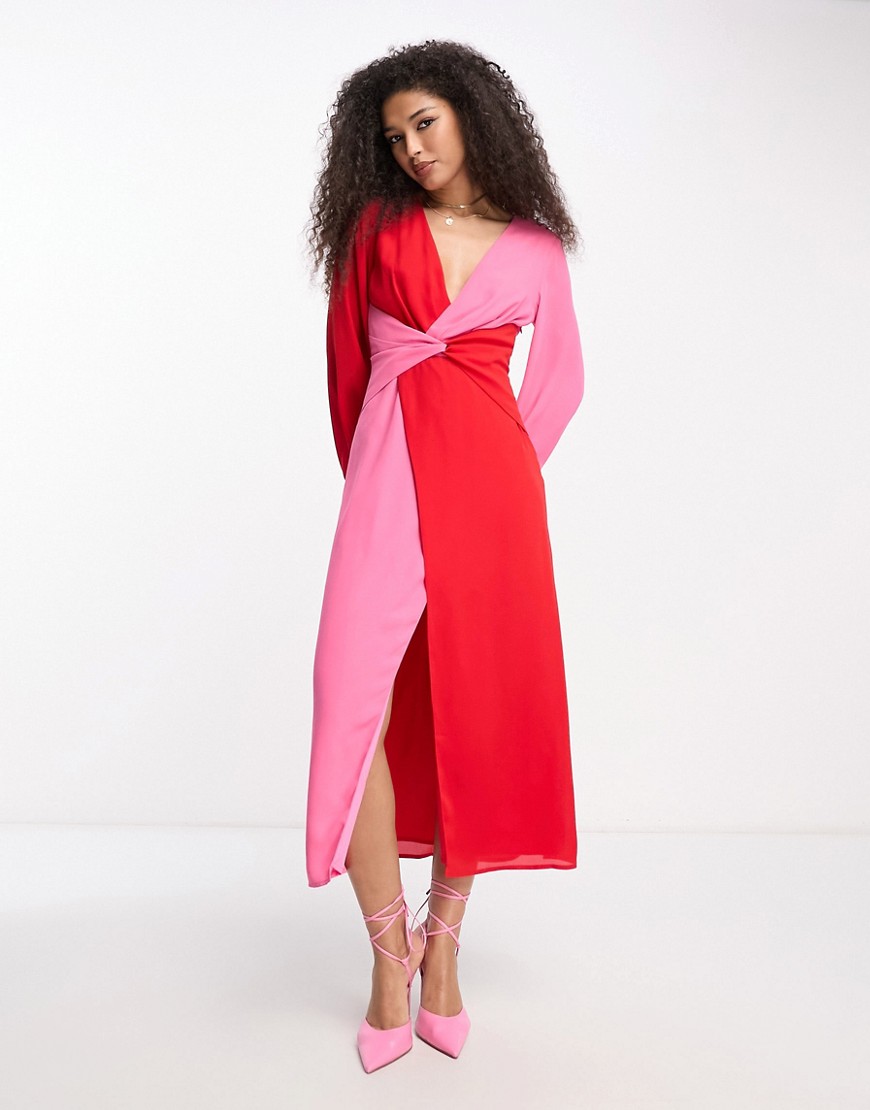 Pretty Lavish Knot Front Contrast Midaxi Dress In Pink And Red