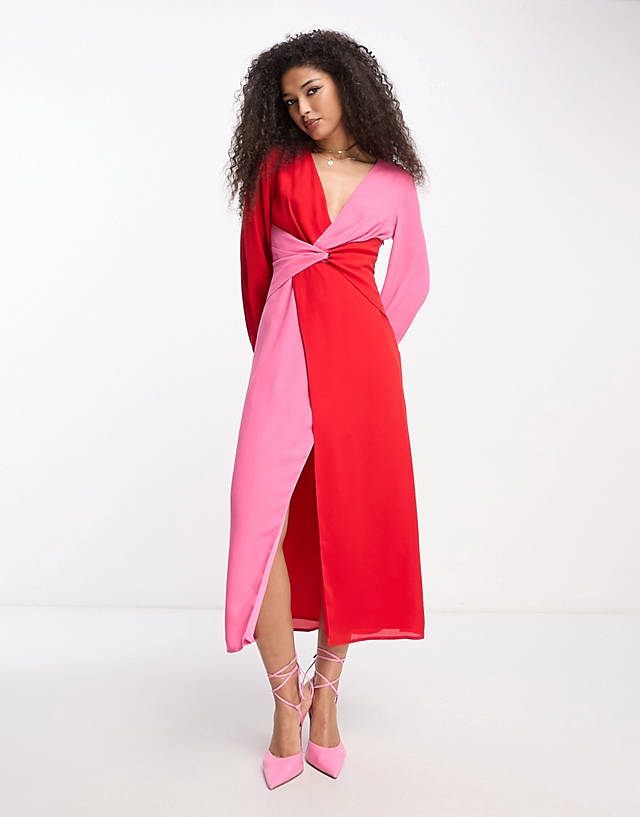 Pretty Lavish - knot front contrast midaxi dress in pink and red