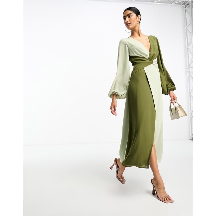 Pretty Lavish knot front contrast midi dress in olive and sage