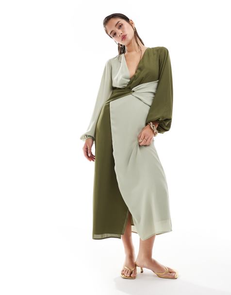 Pretty Lavish knot front contrast midi dress in olive and sage - view 1