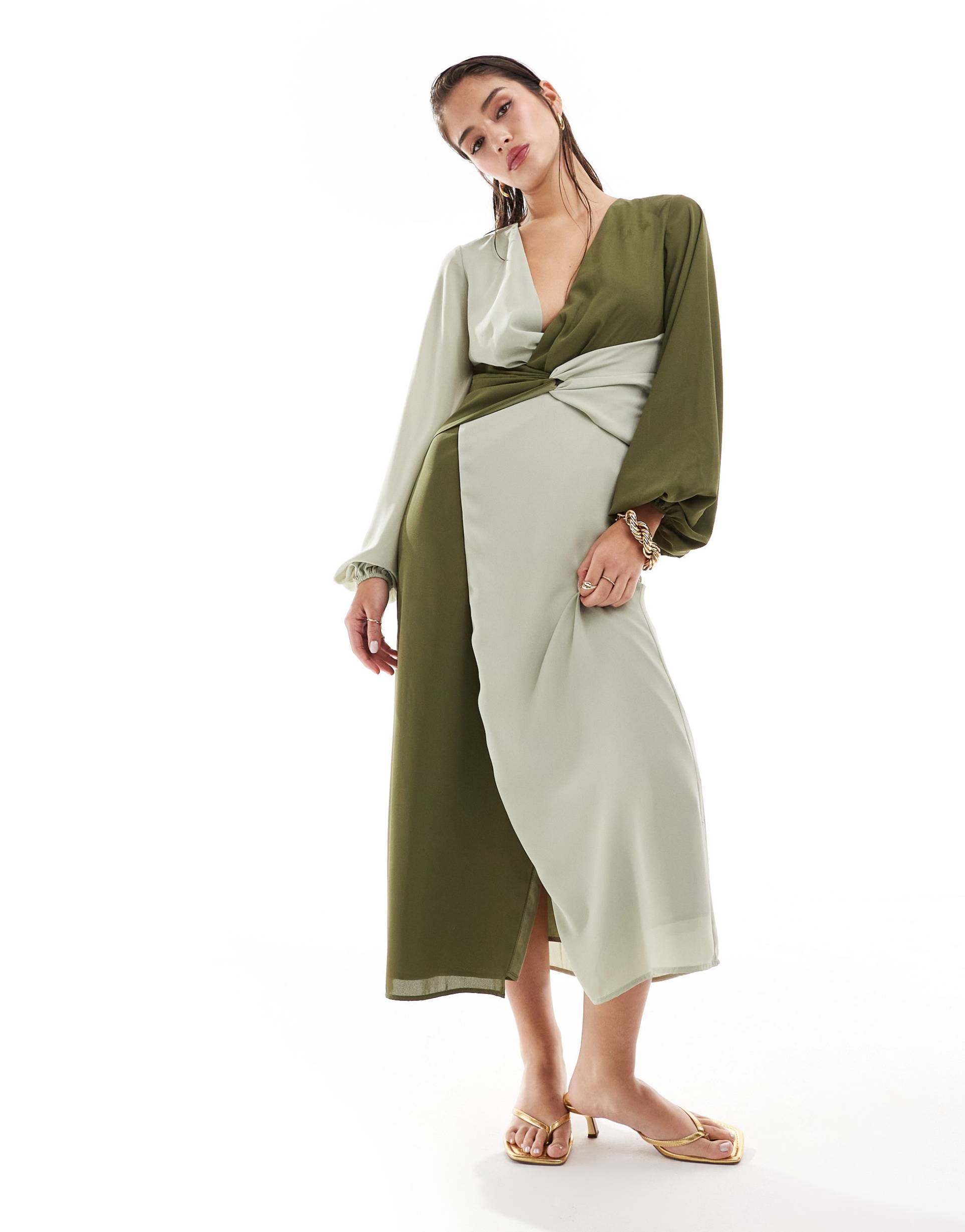 pretty lavish knot front contrast midi dress in olive and sage