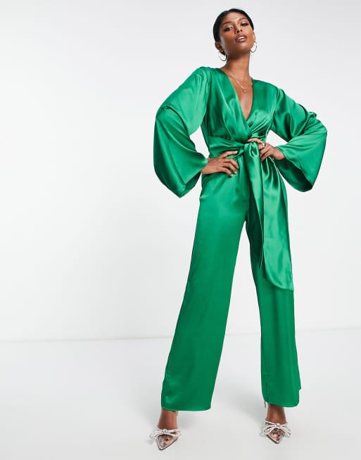 Pretty Lavish knot front jumpsuit in emerald green