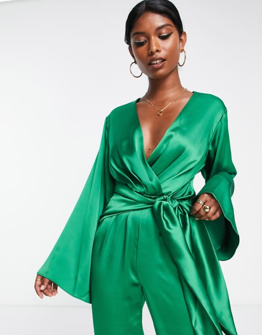 Pretty Lavish knot front jumpsuit in emerald green