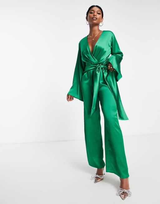 Emerald green store satin jumpsuit