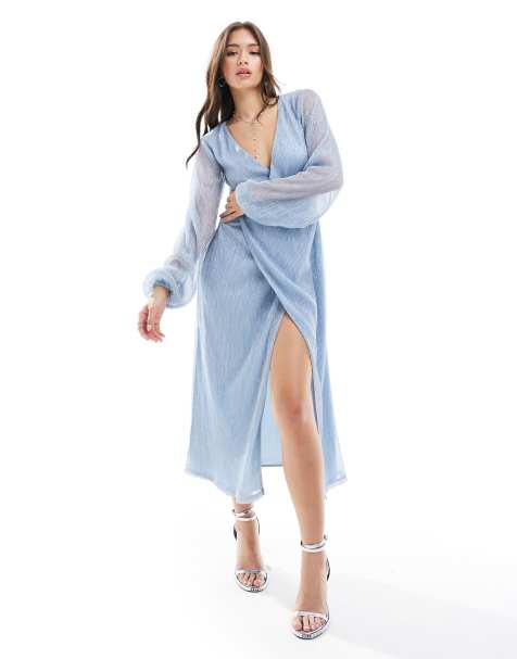 Pretty Lavish knot front plisse midaxi dress in metallic blue - view 1