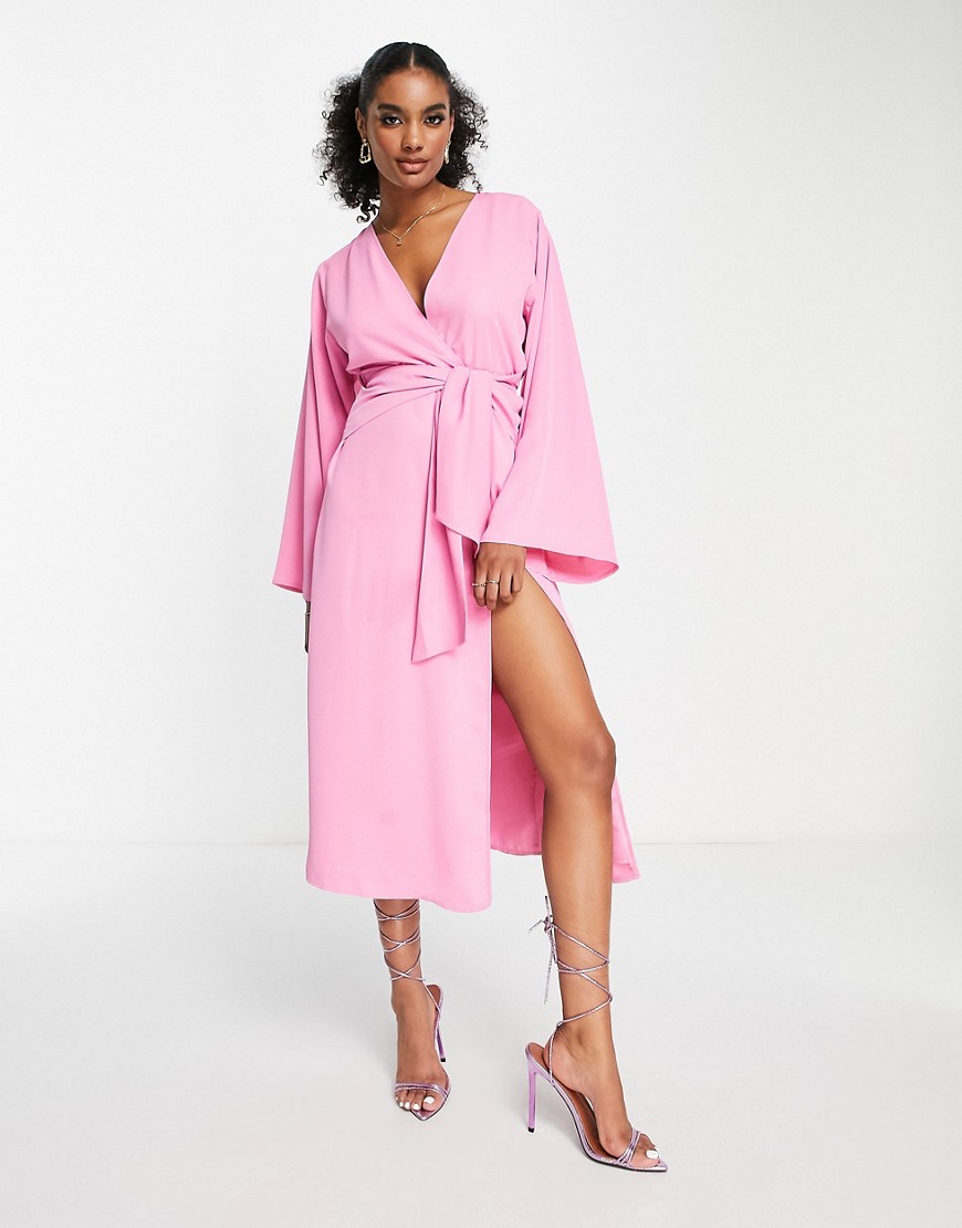 Pretty Lavish knot front plunge midaxi dress in pink