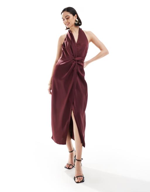 Knot Detail Halter Neck Satin Midi Dress