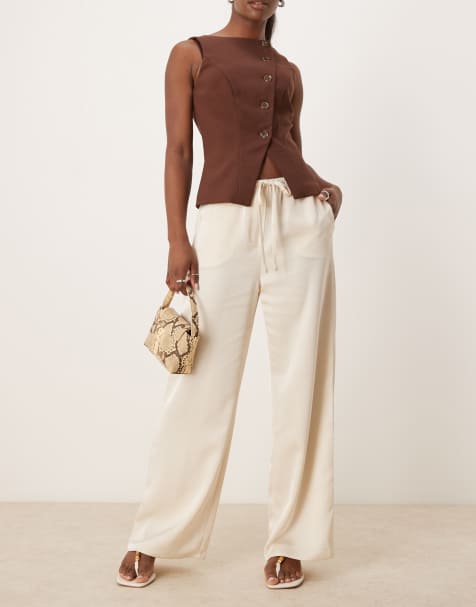 Pretty Lavish drawstring wide leg satin trouser in oyster