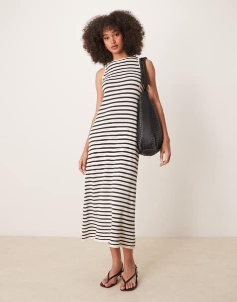 Pretty Lavish stripe knit midaxi dress in cream and navy