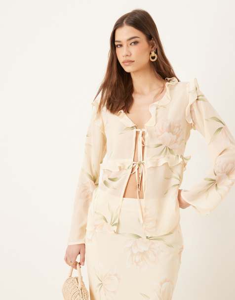 Pretty Lavish textured chiffon ruffle top co-ord in cream floral