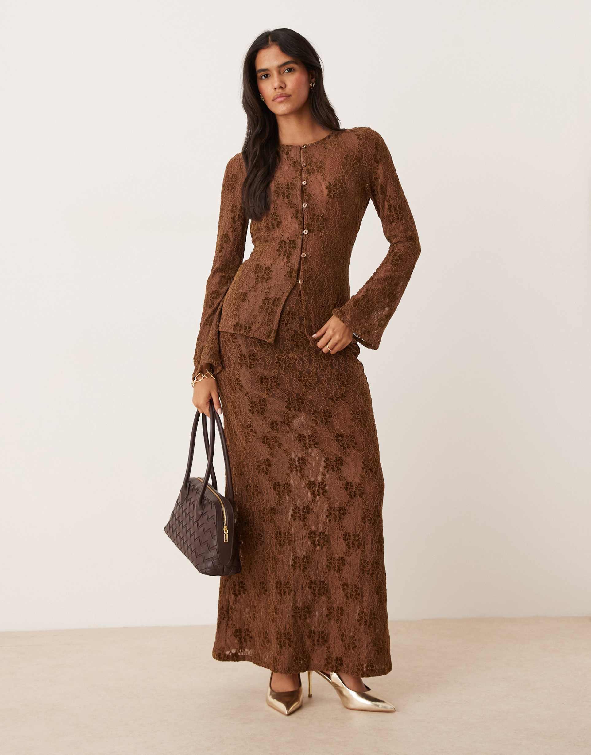 pretty lavish lace cardigan in chocolate brown - part of a set