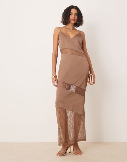 Pretty Lavish Monique Lace Insert Maxi Dress in Mocha, Size 12