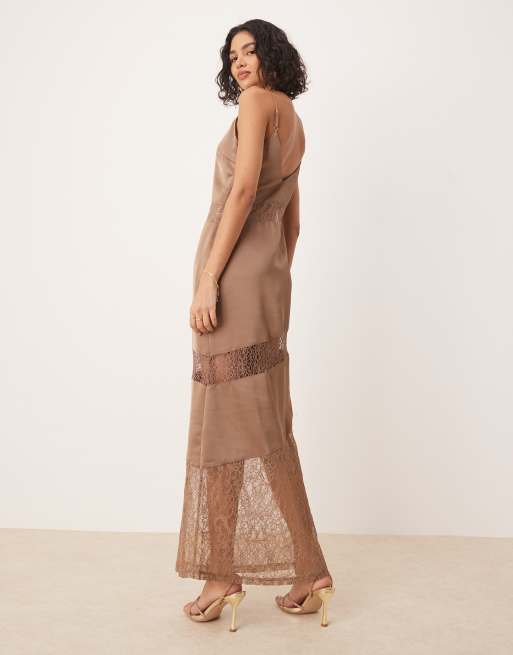 Pretty Lavish lace insert slip maxi dress in mocha, 4 of 4