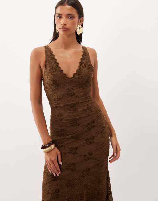 Pretty Lavish lace v-neck asymmetric hem maxi dress in chocolate, 2 of 4