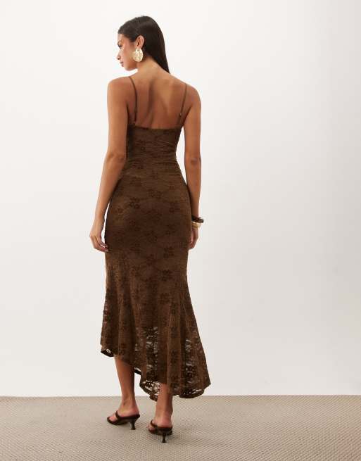 Pretty Lavish lace v-neck asymmetric hem maxi dress in chocolate, 3 of 4