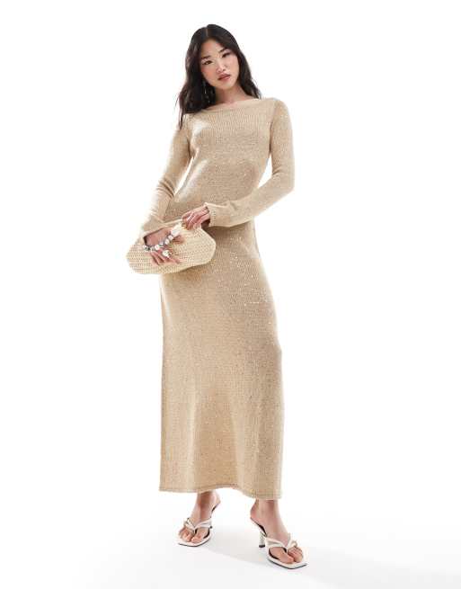 Pretty Lavish – Langärmliges Maxi-Strickkleid in Champagner-Gold mit Pailletten, 2 von 4