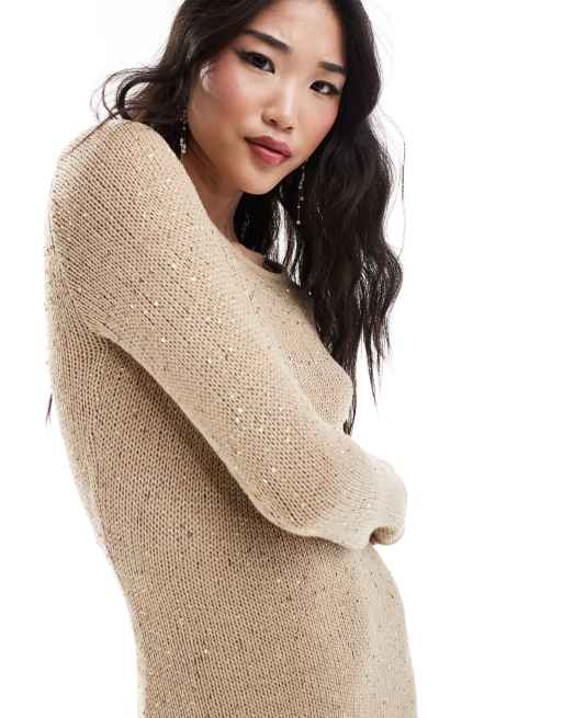 Pretty Lavish – Langärmliges Maxi-Strickkleid in Champagner-Gold mit Pailletten, 3 von 4