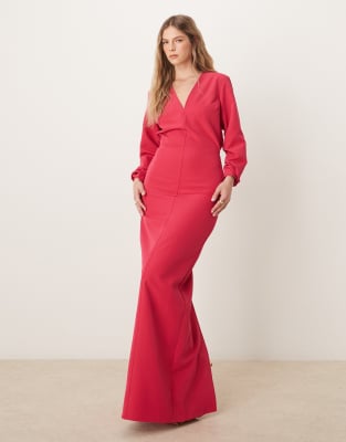 Pretty Lavish - Langärmliges Maxikleid in Fuchsia mit tiefem Ausschnitt-Rosa