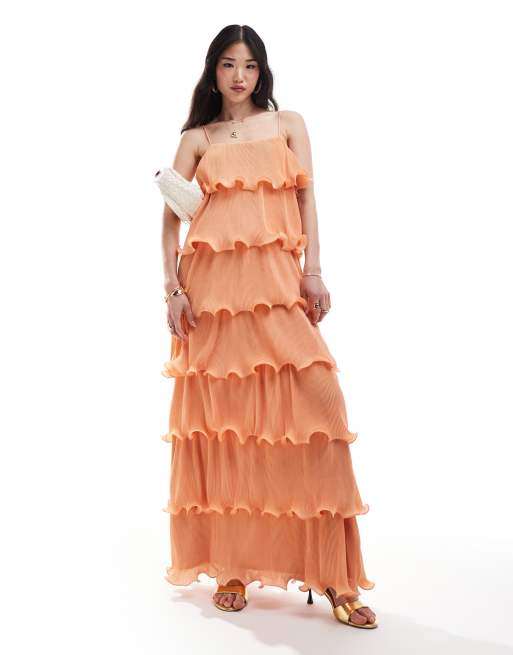 Pretty Lavish - Lange jurk met stroken en ruches in oranje