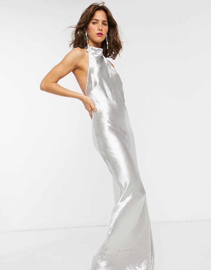 Pretty Lavish - Lange satijnen jurk met halternek-Zilver