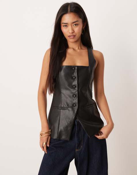 Pretty Lavish leather look longline vest in black - view 1