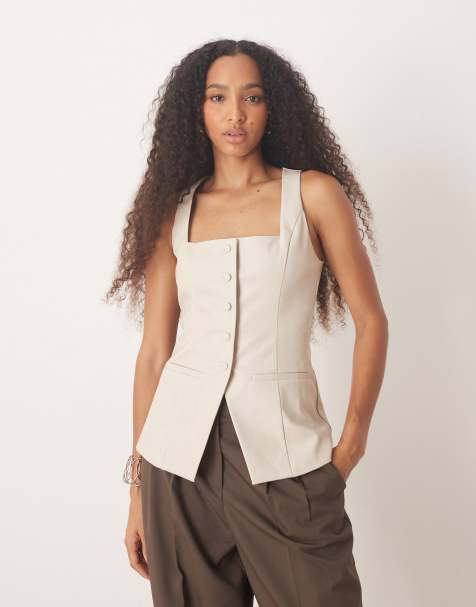 Pretty Lavish leather look longline vest in stone - view 1