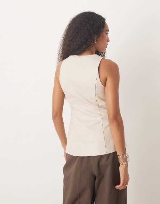 Pretty Lavish leather look longline vest in stone, 4 of 4
