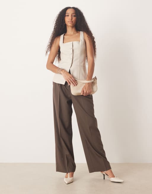 Pretty Lavish leather look longline waistcoat in stone, 2 of 4