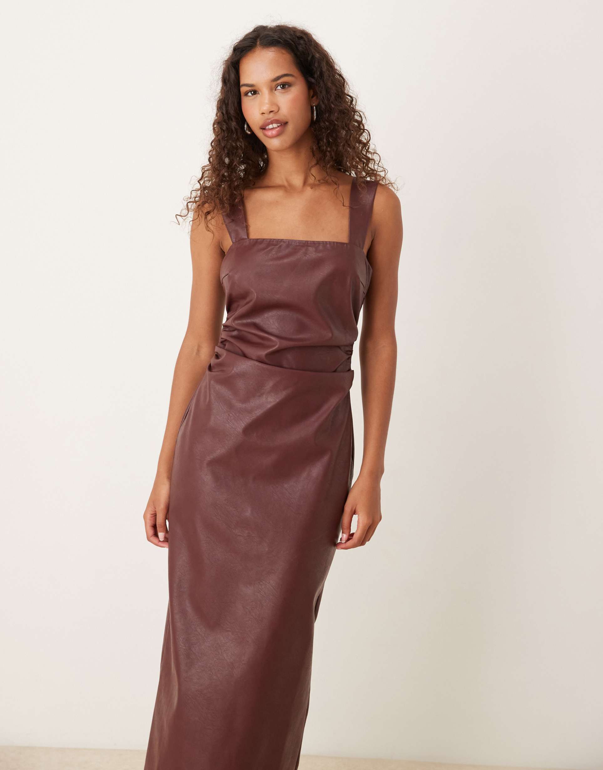 pretty lavish leather look ruched square neck midaxi dress in wine