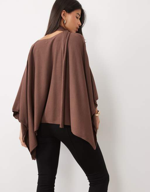 Pretty Lavish light knit scarf cape jumper in chocolate, 3 of 4
