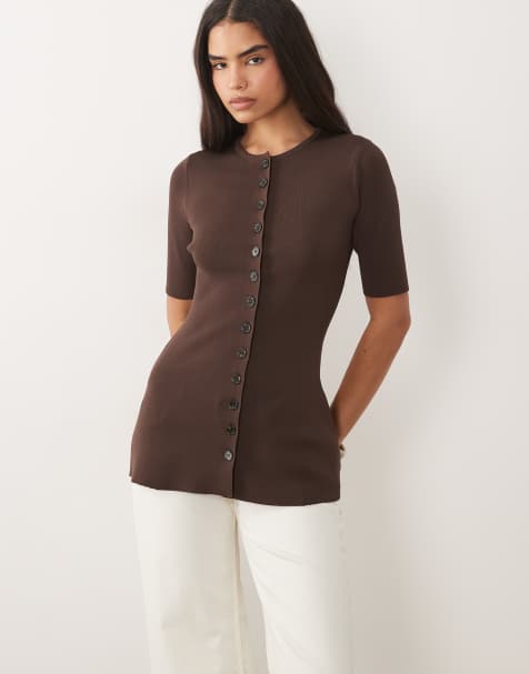 Pretty Lavish Lilah knit scoop neck longline top in chocolate - view 1