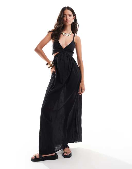 Pretty Lavish linen blend cut out maxi dress in black ASOS