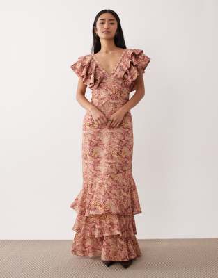 Pretty Lavish Linen Blend Ruffle V-neck Maxi Dress In Pink