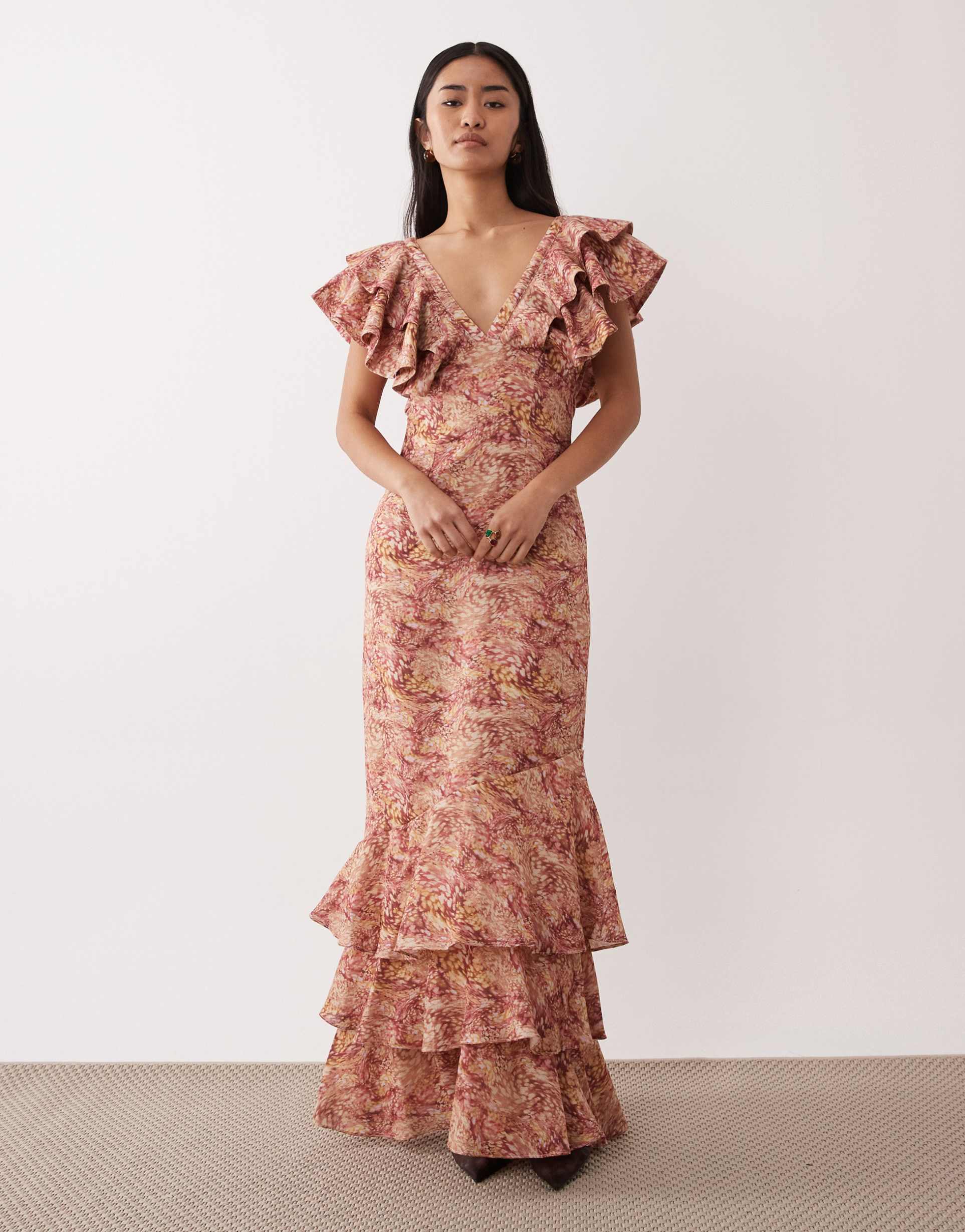 pretty lavish linen blend ruffle v-neck maxi dress in abstract berry print