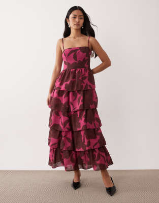 Pretty Lavish linen blend tiered skirt midaxi cami dress in brown and pink floral-Multi