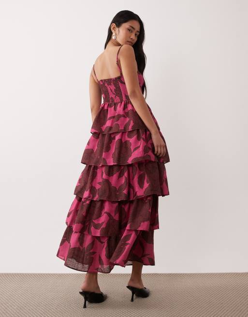 Pretty Lavish linen blend tiered skirt midaxi cami dress in brown and pink  floral | ASOS