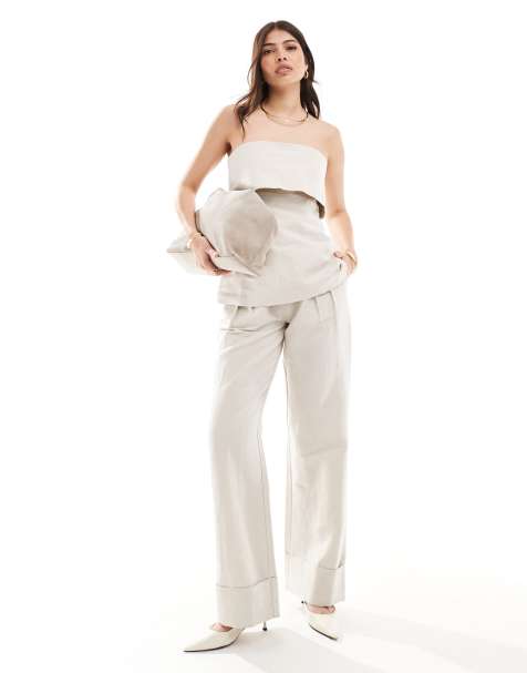 Pretty Lavish linen blend wide leg trouser co-ord in stone - view 1