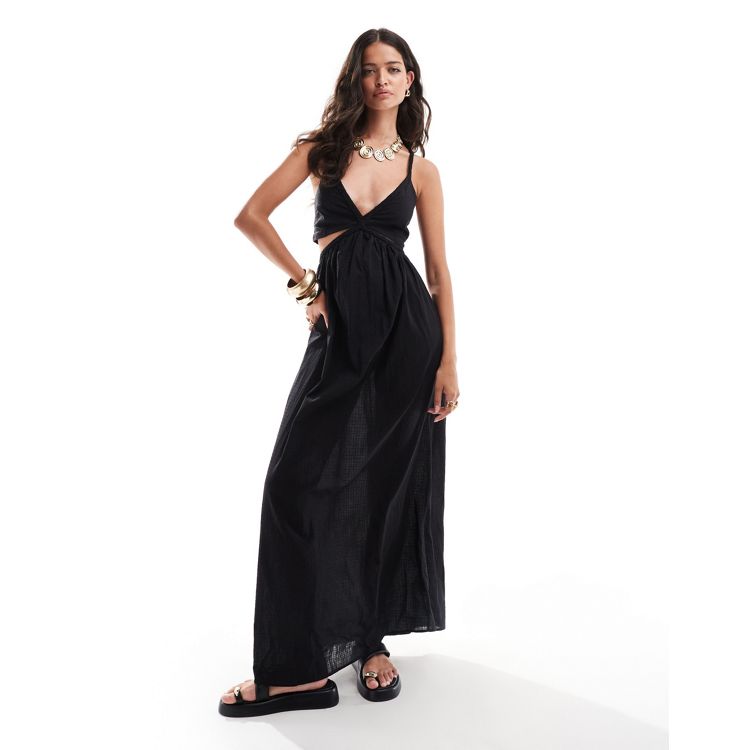 Pretty Lavish linen look blend cut-out maxi dress in black