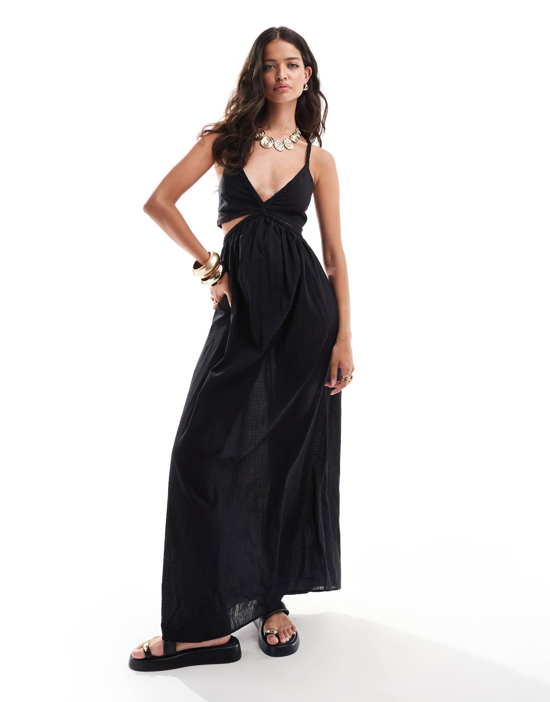 pretty lavish linen look blend cut-out maxi dress in black