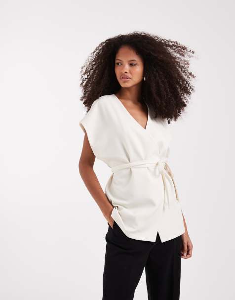 Pretty Lavish linen look kimono wrap top in cream - view 1