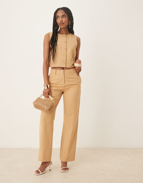 Pretty Lavish linen wide leg trouser co-ord in camel - view 1