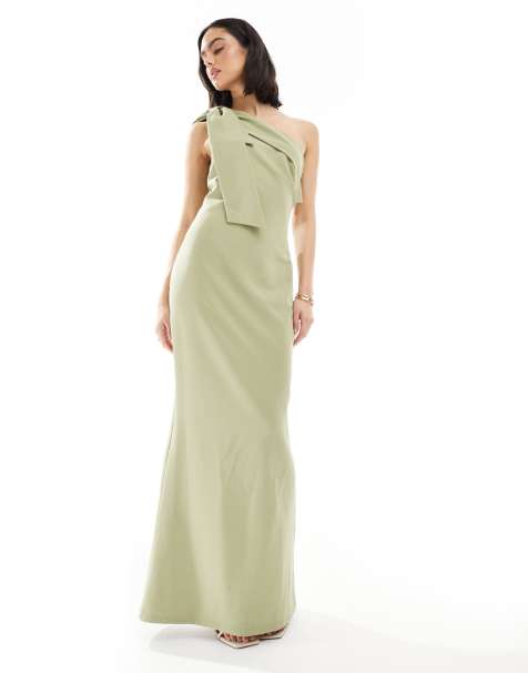Pretty Lavish - L'invitée - Robe longue asymétrique en crêpe avec nœud - Olive - view 1