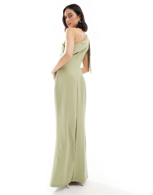 Pretty Lavish - L'invitée - Robe longue asymétrique en crêpe avec nœud - Olive, 3 de 4