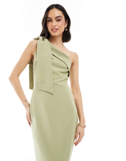Pretty Lavish - L'invitée - Robe longue asymétrique en crêpe avec nœud - Olive, 4 de 4
