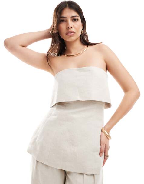 Pretty Lavish – Ljusbeige bandeau-topp i linnemix, del av set - view 1