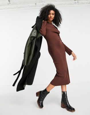 Pretty Lavish long sleeve backless bodycon knit midaxi dress in chocolate brown