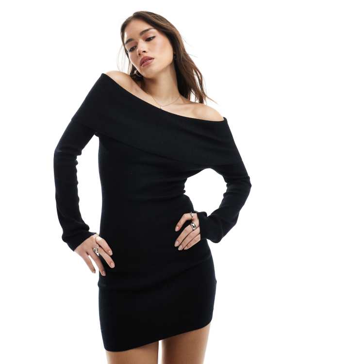 long sleeve bardot bodycon dress Black PrettyLittleThing Rib Asymmetric Bardot Long Sleeve Bodycon Dress