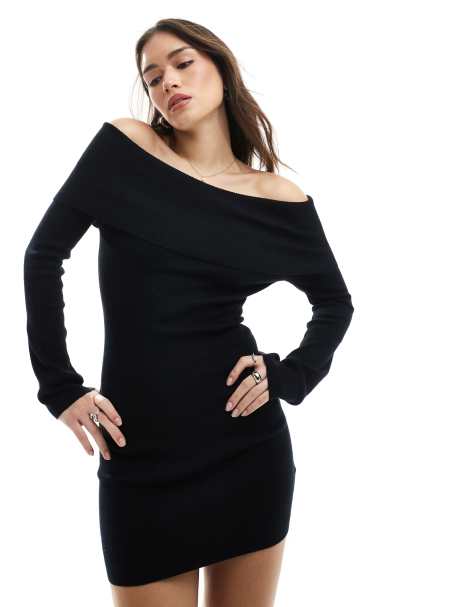 Pretty Lavish long sleeve bardot knit mini dress in black