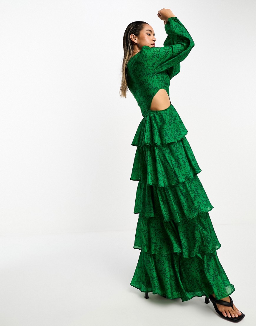 long sleeve cut-out ruffle maxi dress in emerald-Green
