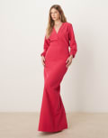 [Pretty Lavish] Pretty Lavish long sleeve plunge maxi dress in fuchsia-Pink 6 Fuchsia